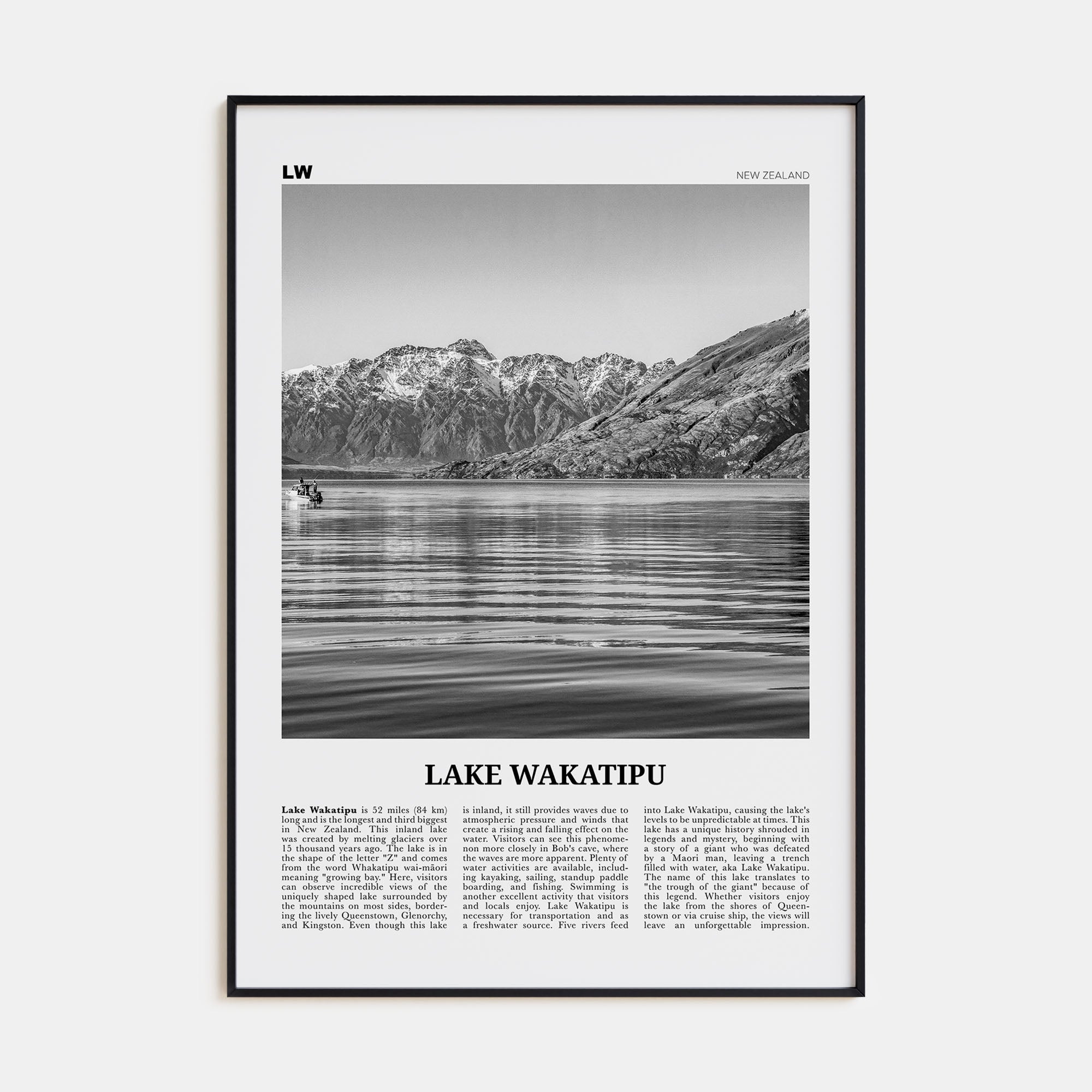 Lake Wakatipu Travel B&W Poster