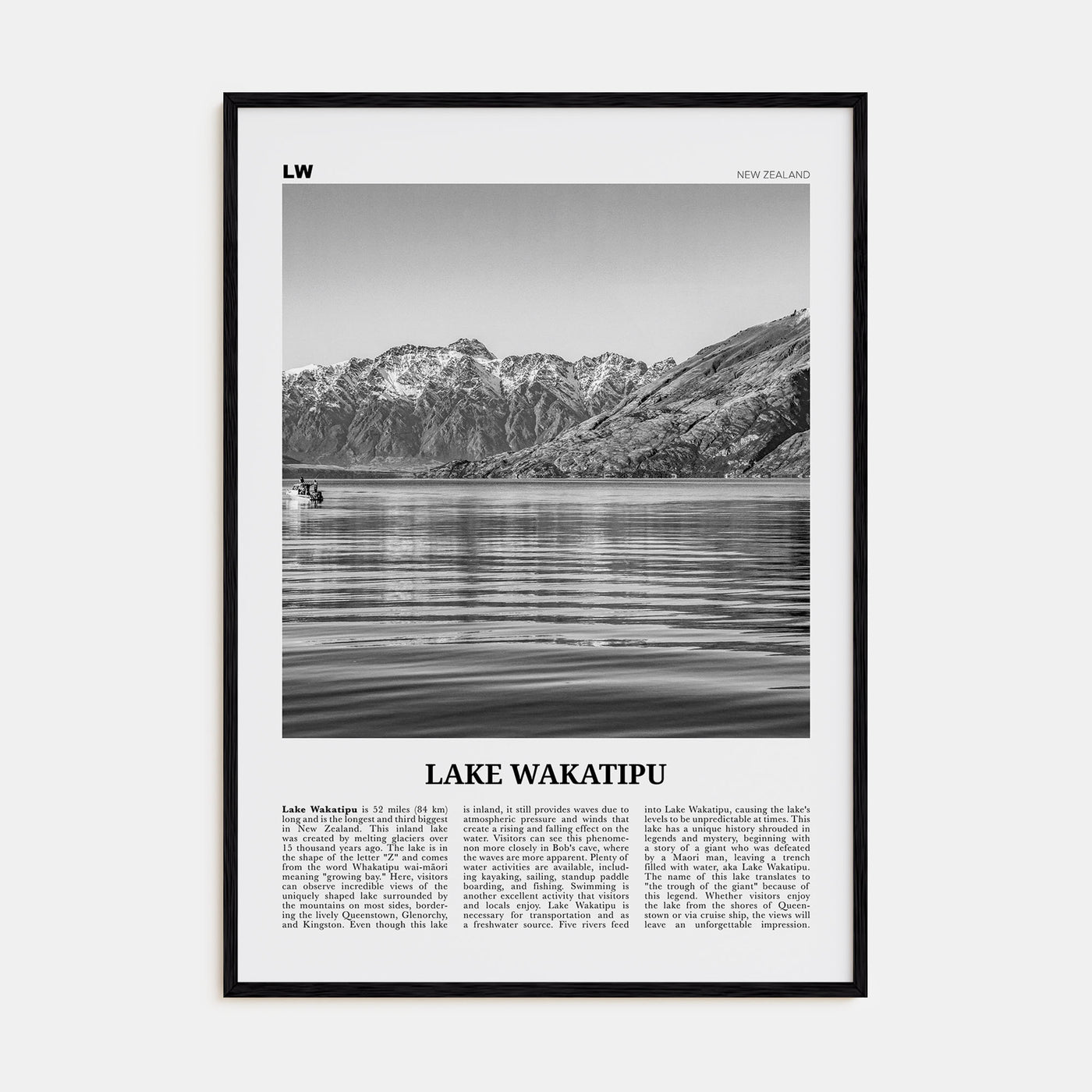 Lake Wakatipu Travel B&W Poster