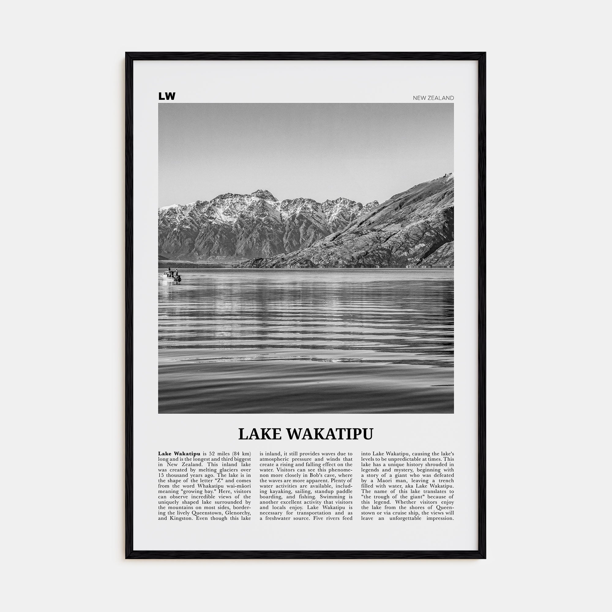 Lake Wakatipu Travel B&W Poster