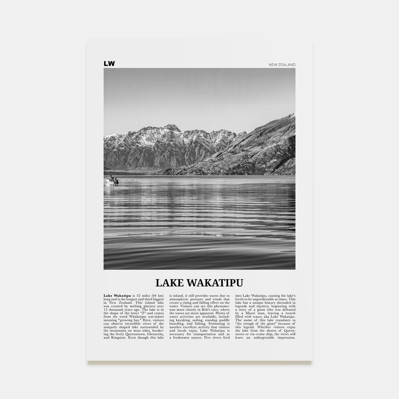 Lake Wakatipu Travel B&W Poster