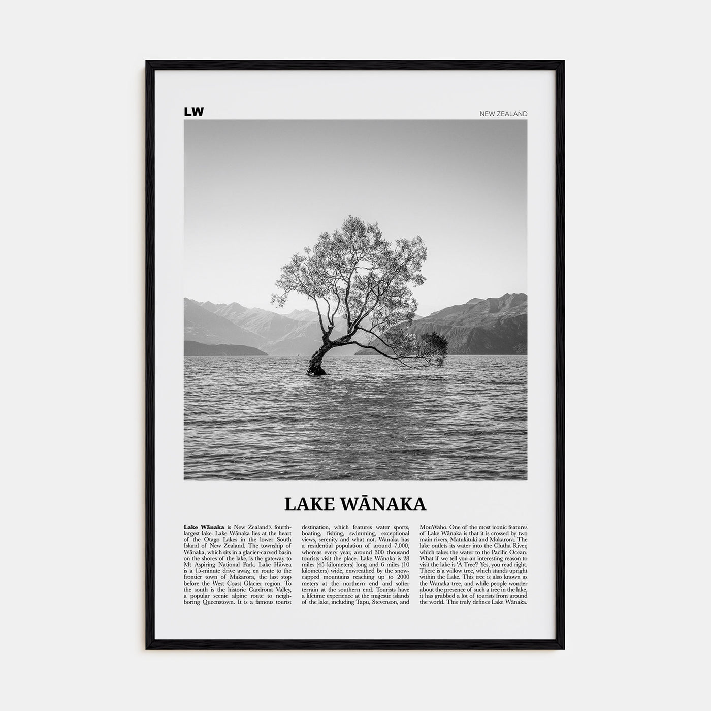 Lake Wānaka Travel B&W Poster