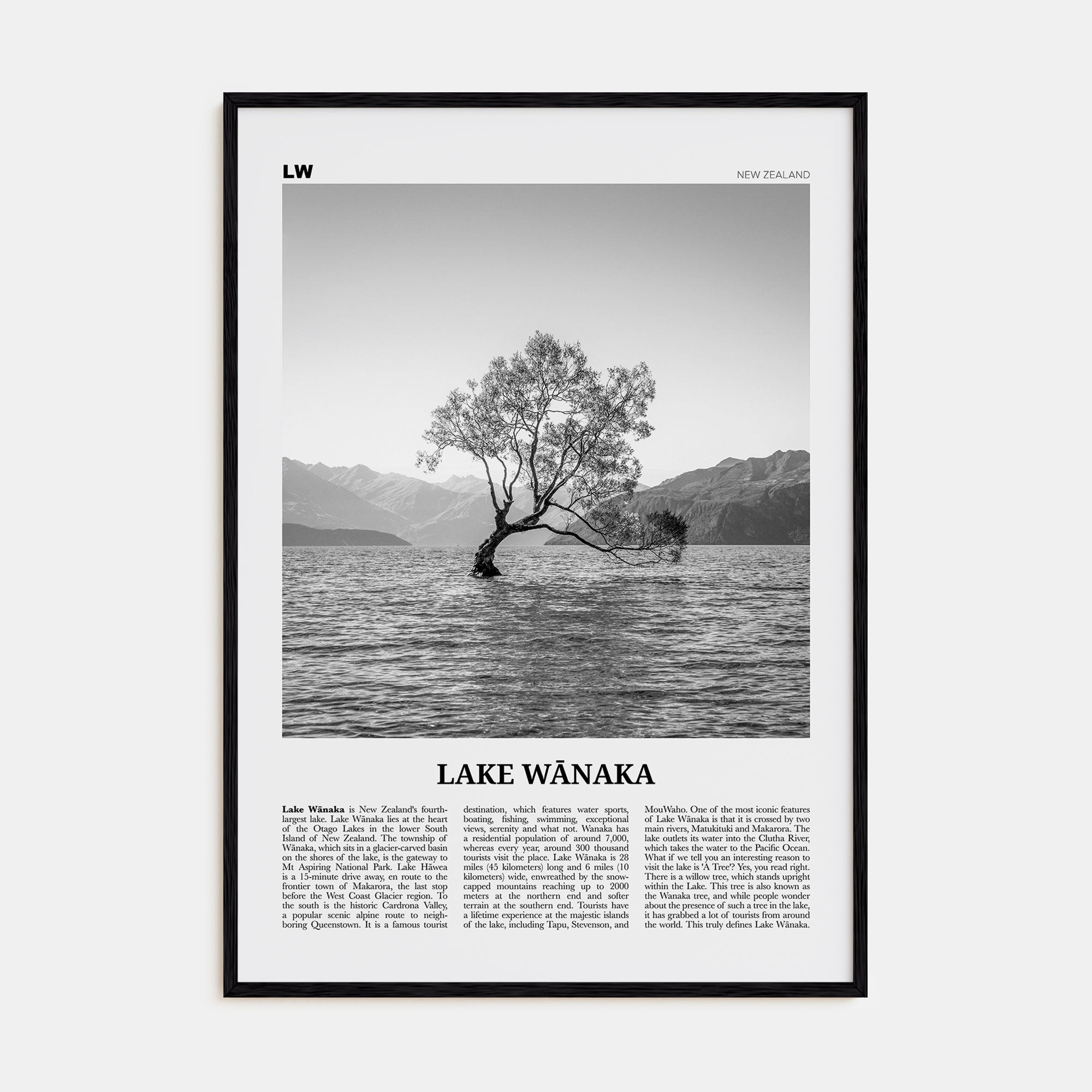 Lake Wānaka Travel B&W Poster