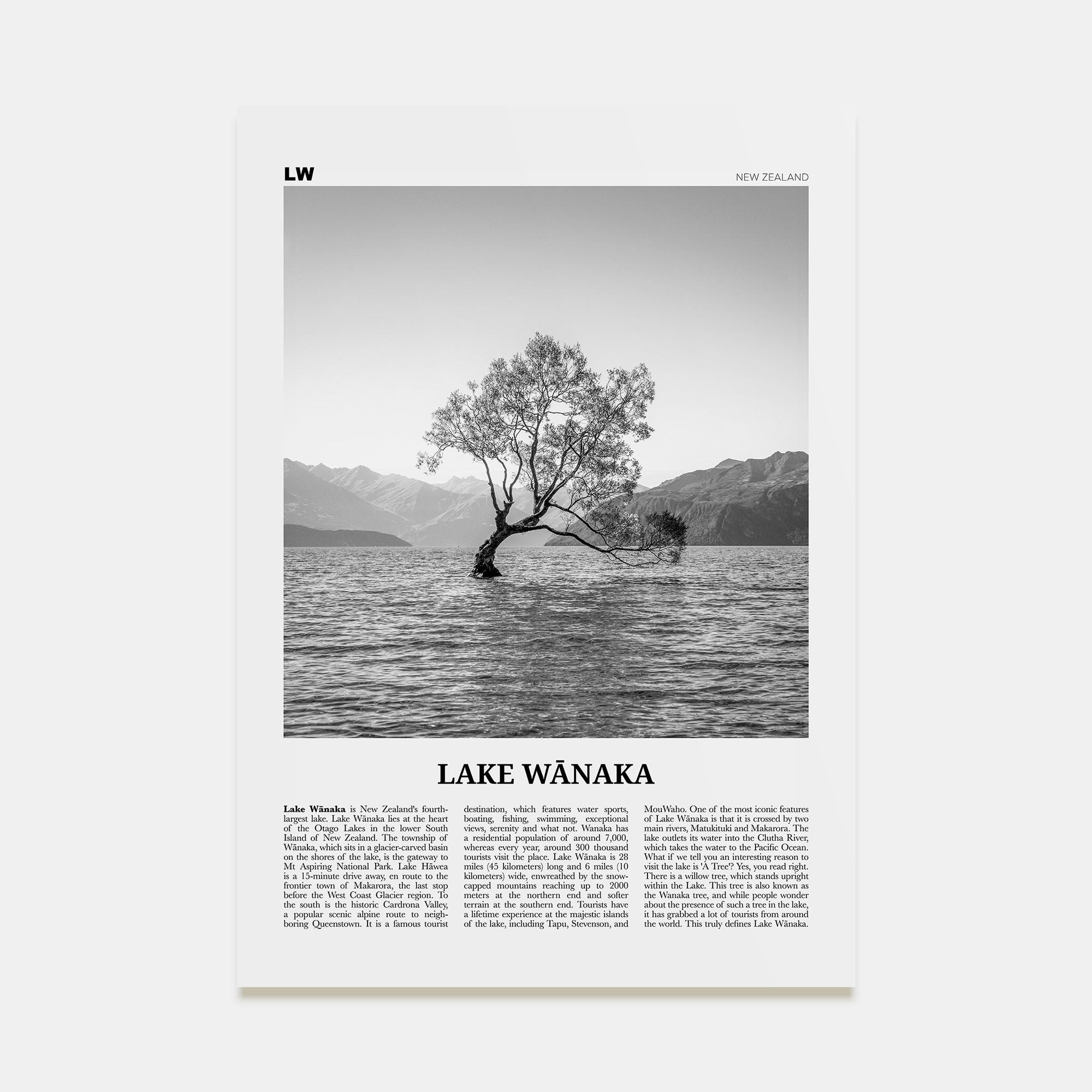 Lake Wānaka Travel B&W Poster