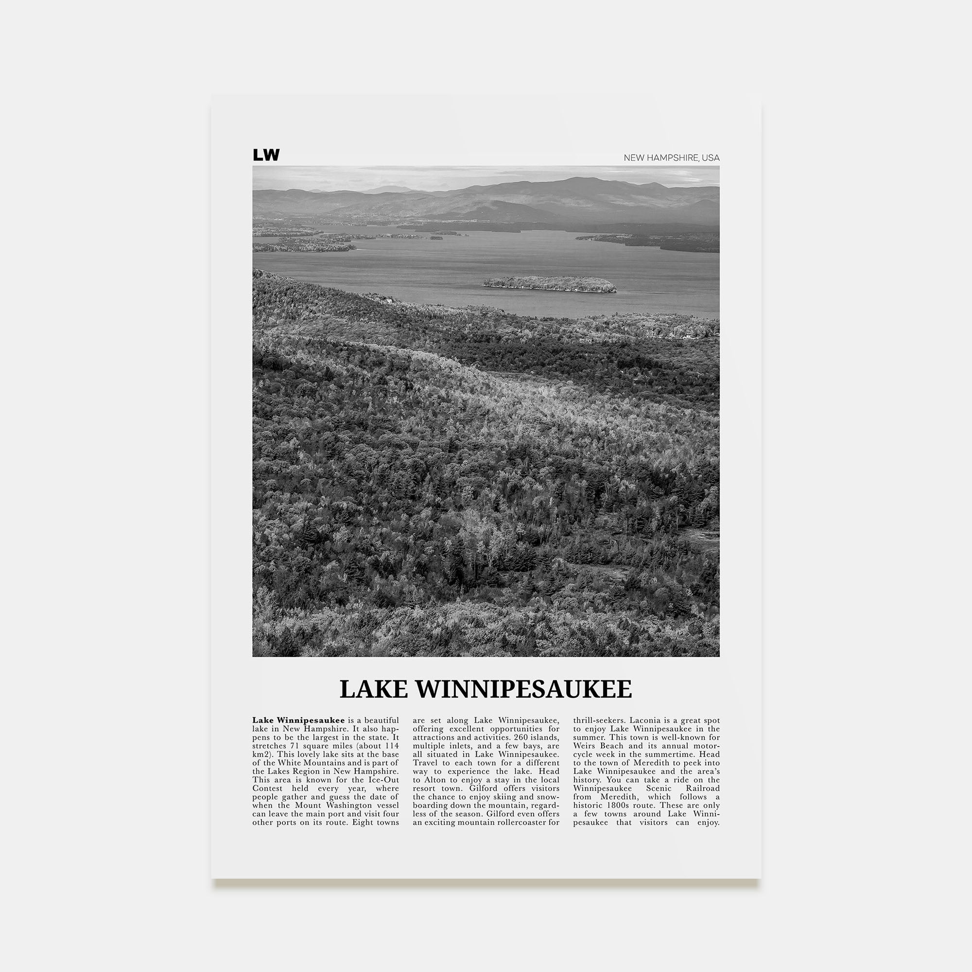 Lake Winnipesaukee Travel B&W Poster