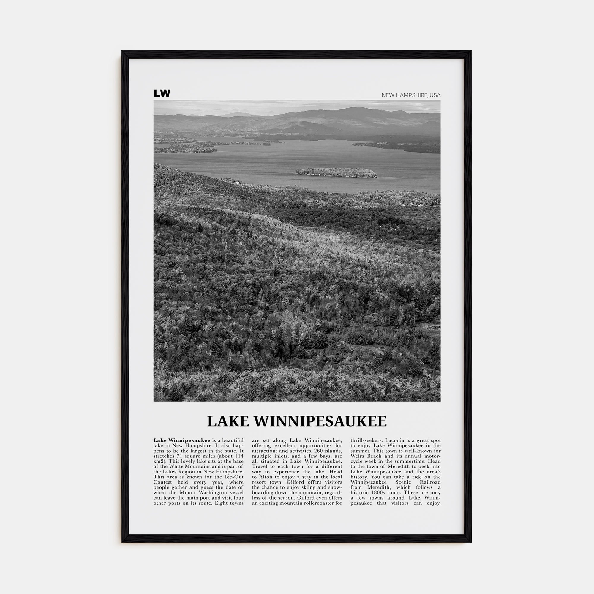 Lake Winnipesaukee Travel B&W Poster