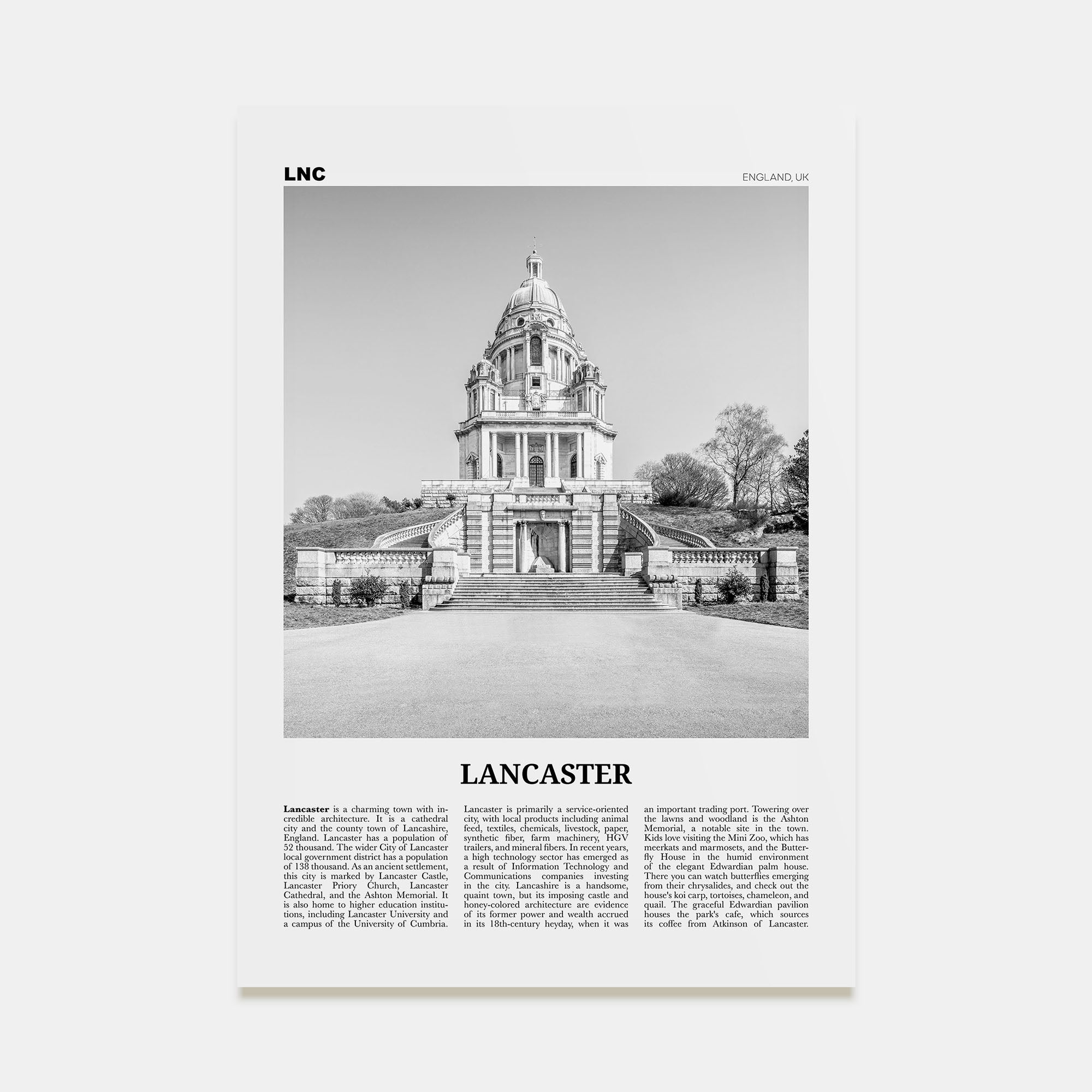 Lancaster, England Travel B&W Poster