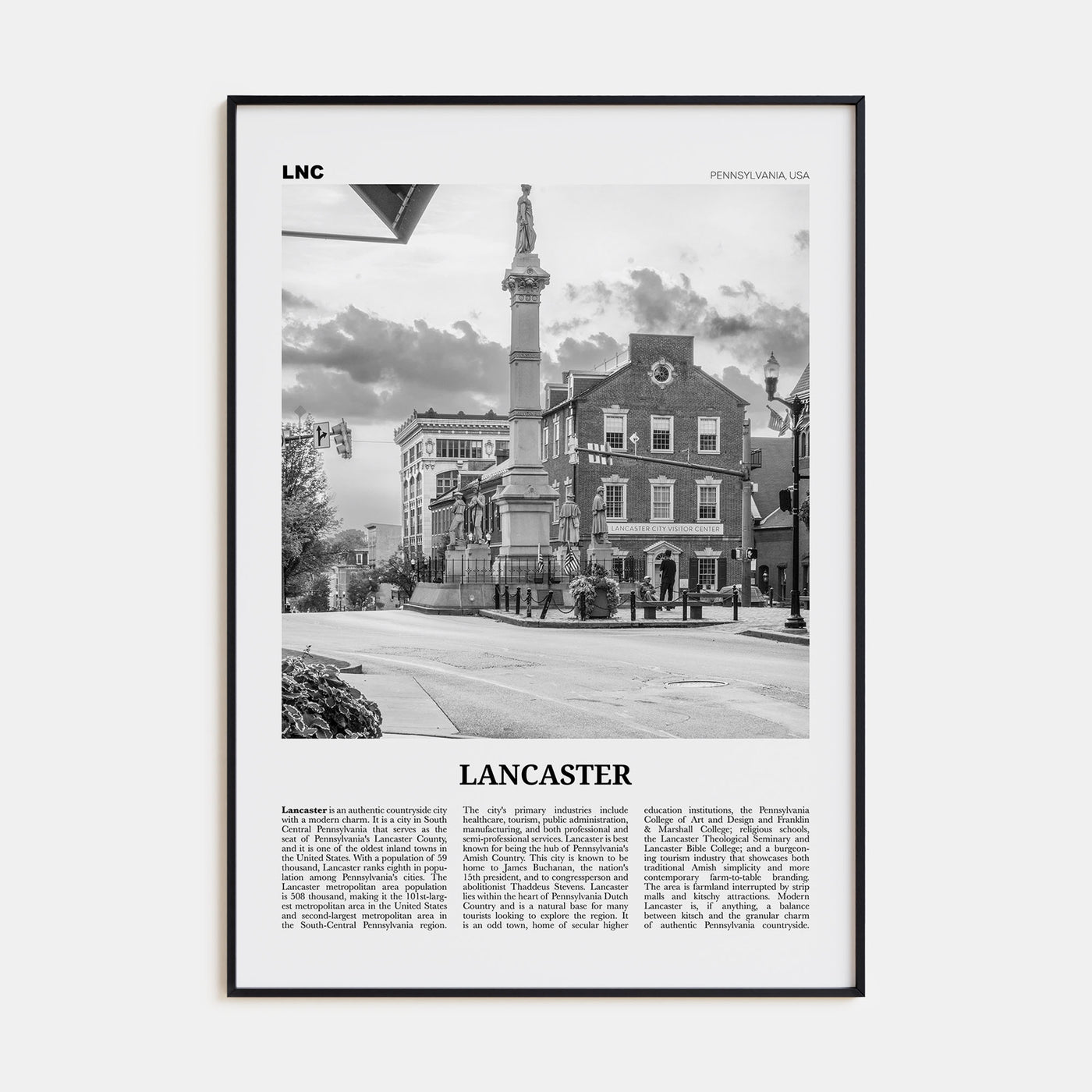 Lancaster, Pennsylvania Travel B&W Poster
