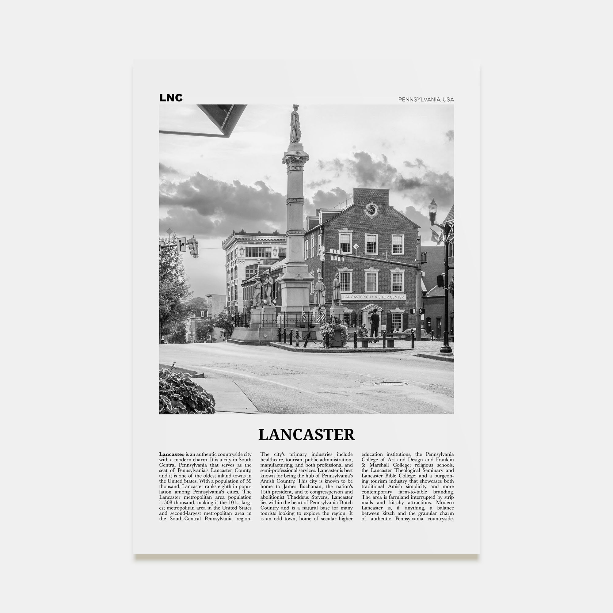 Lancaster, Pennsylvania Travel B&W Poster