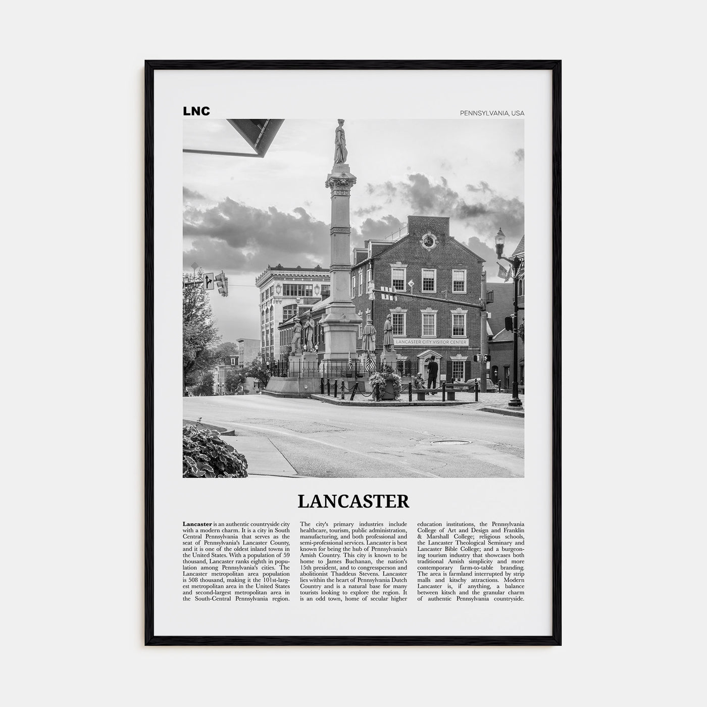 Lancaster, Pennsylvania Travel B&W Poster