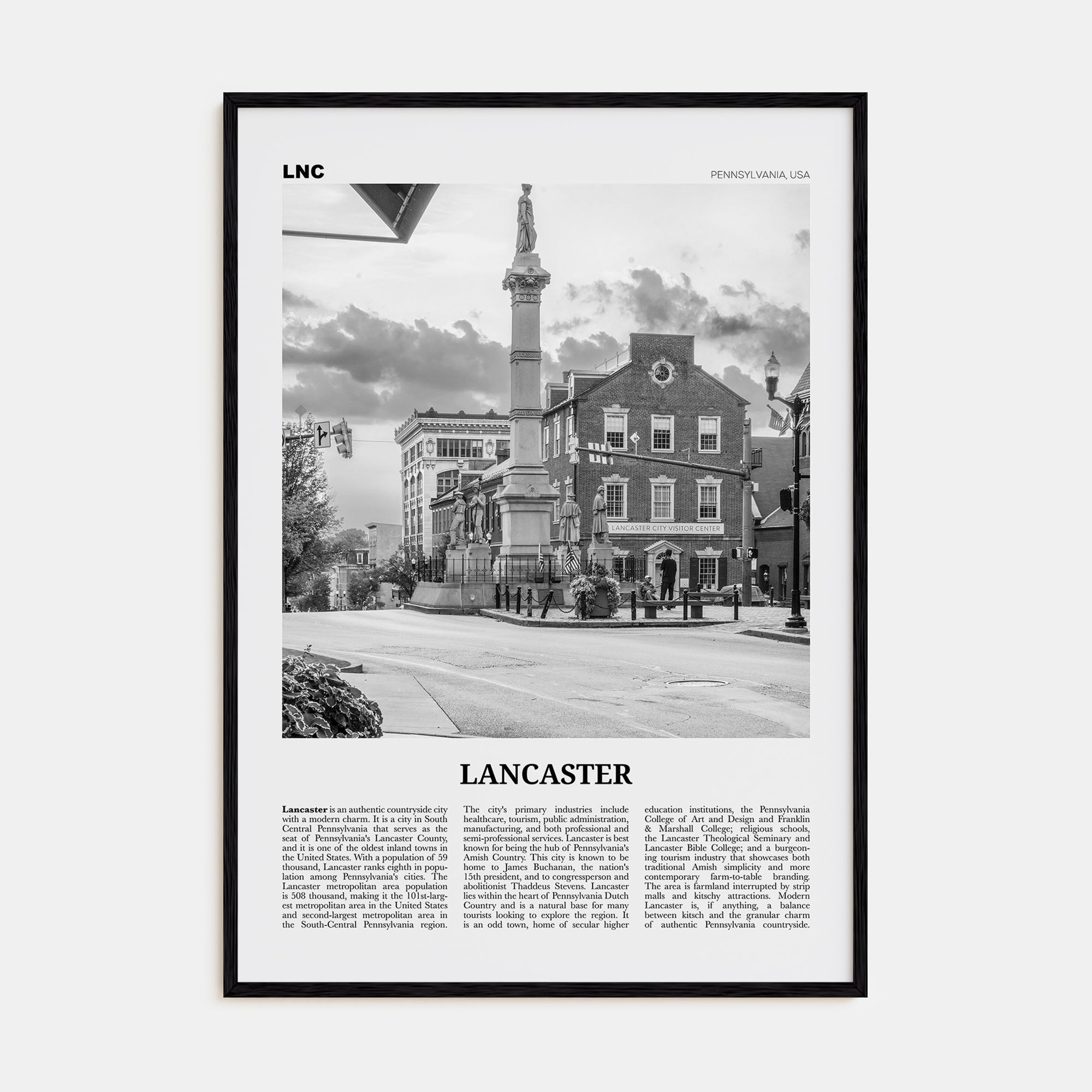 Lancaster, Pennsylvania Travel B&W Poster