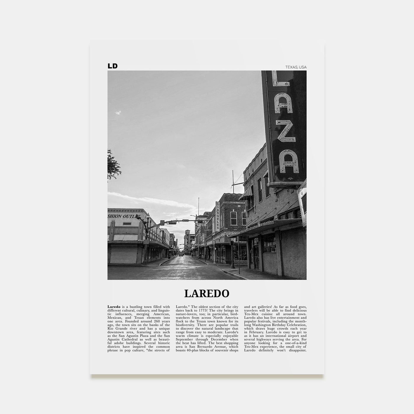 Laredo, Texas Travel B&W Poster