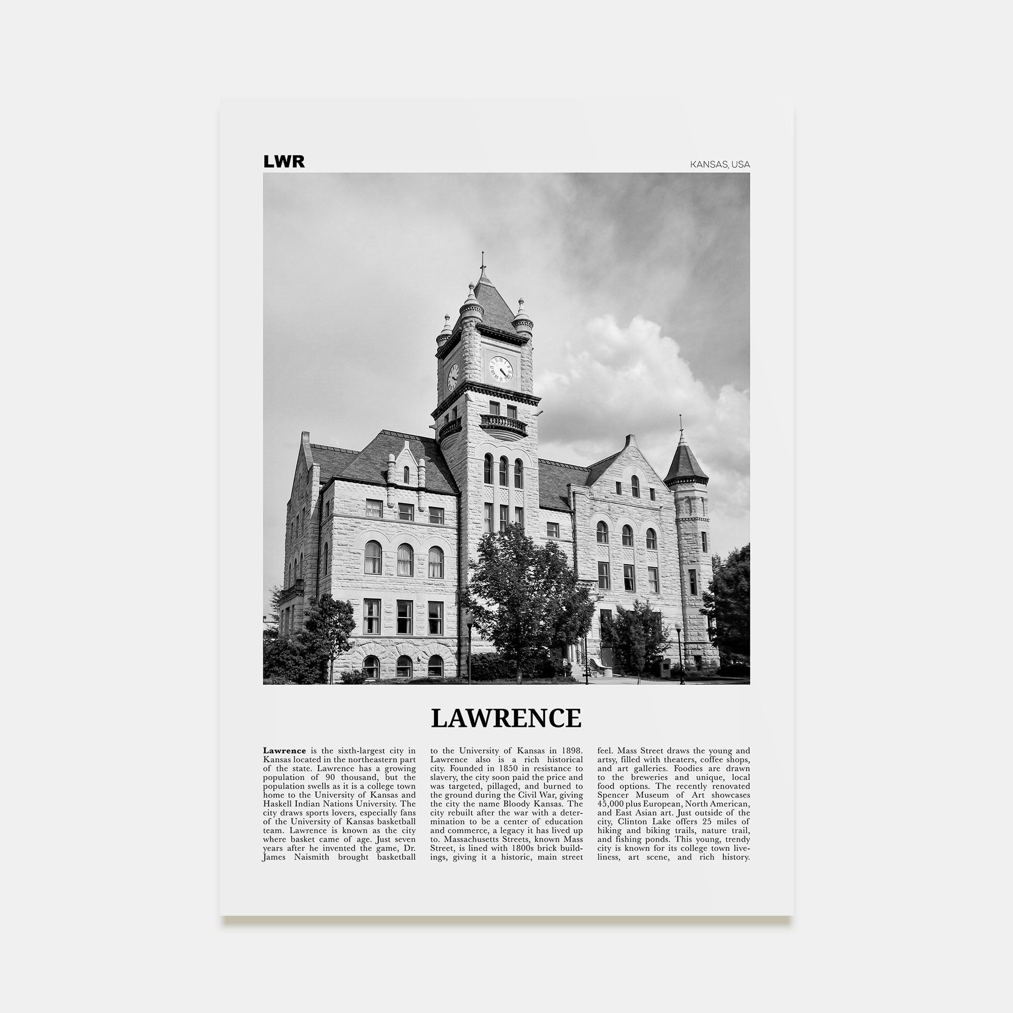 Lawrence, Kansas Travel B&W Poster