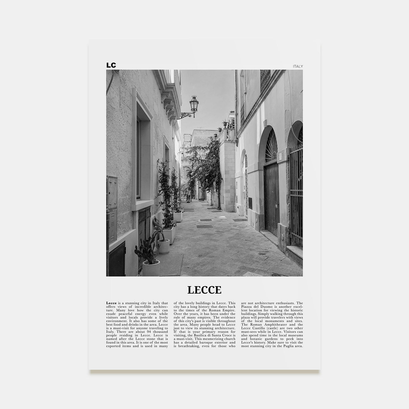 Lecce Travel B&W Poster