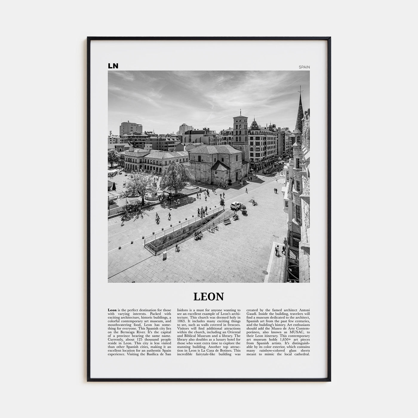 Leon, Spain Travel B&W Poster
