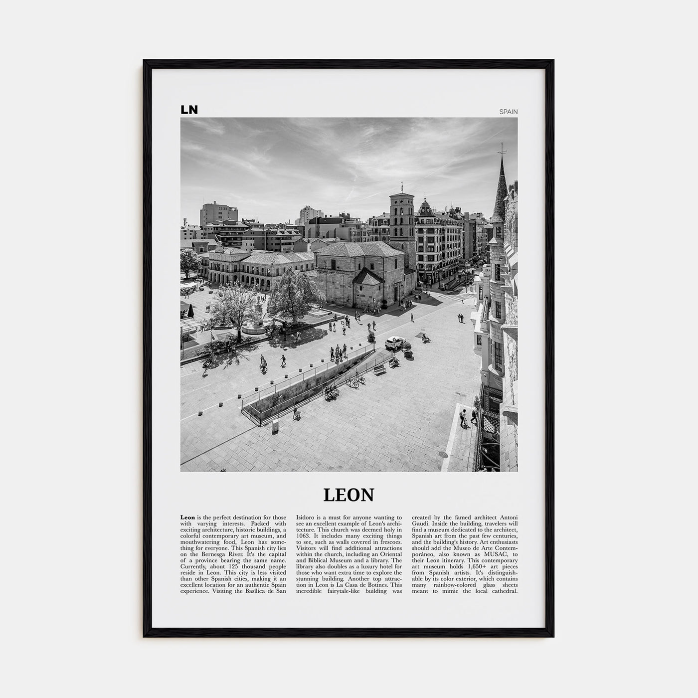 Leon, Spain Travel B&W Poster