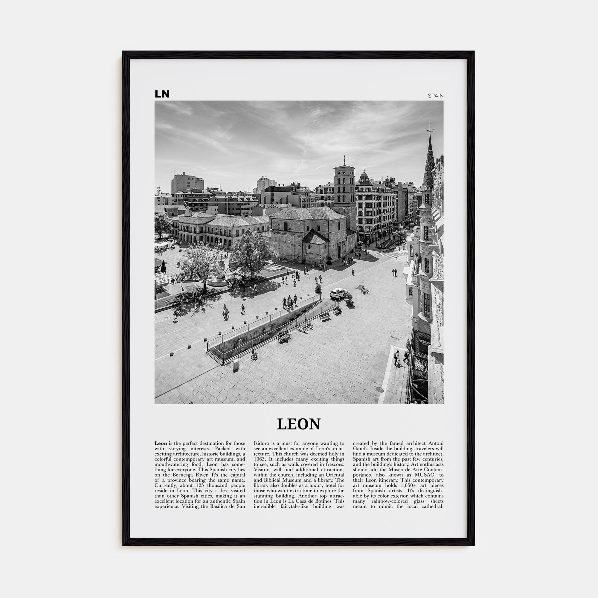 Leon, Spain Travel B&W Poster