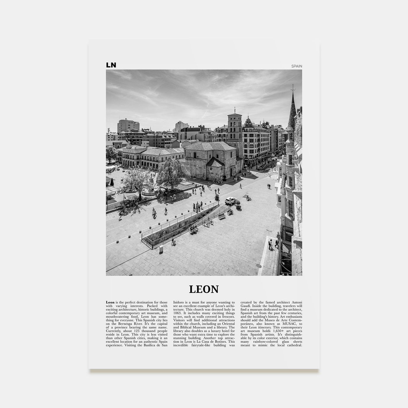 Leon, Spain Travel B&W Poster