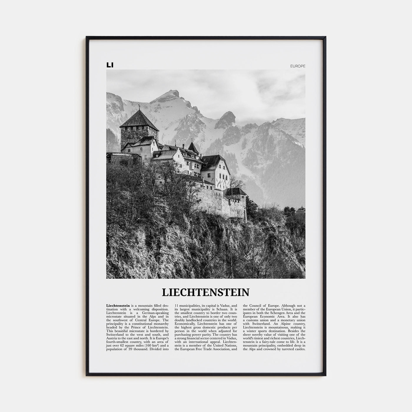 Liechtenstein Travel B&W Poster