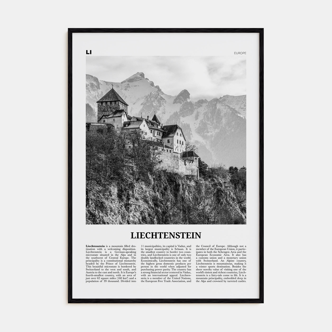 Liechtenstein Travel B&W Poster