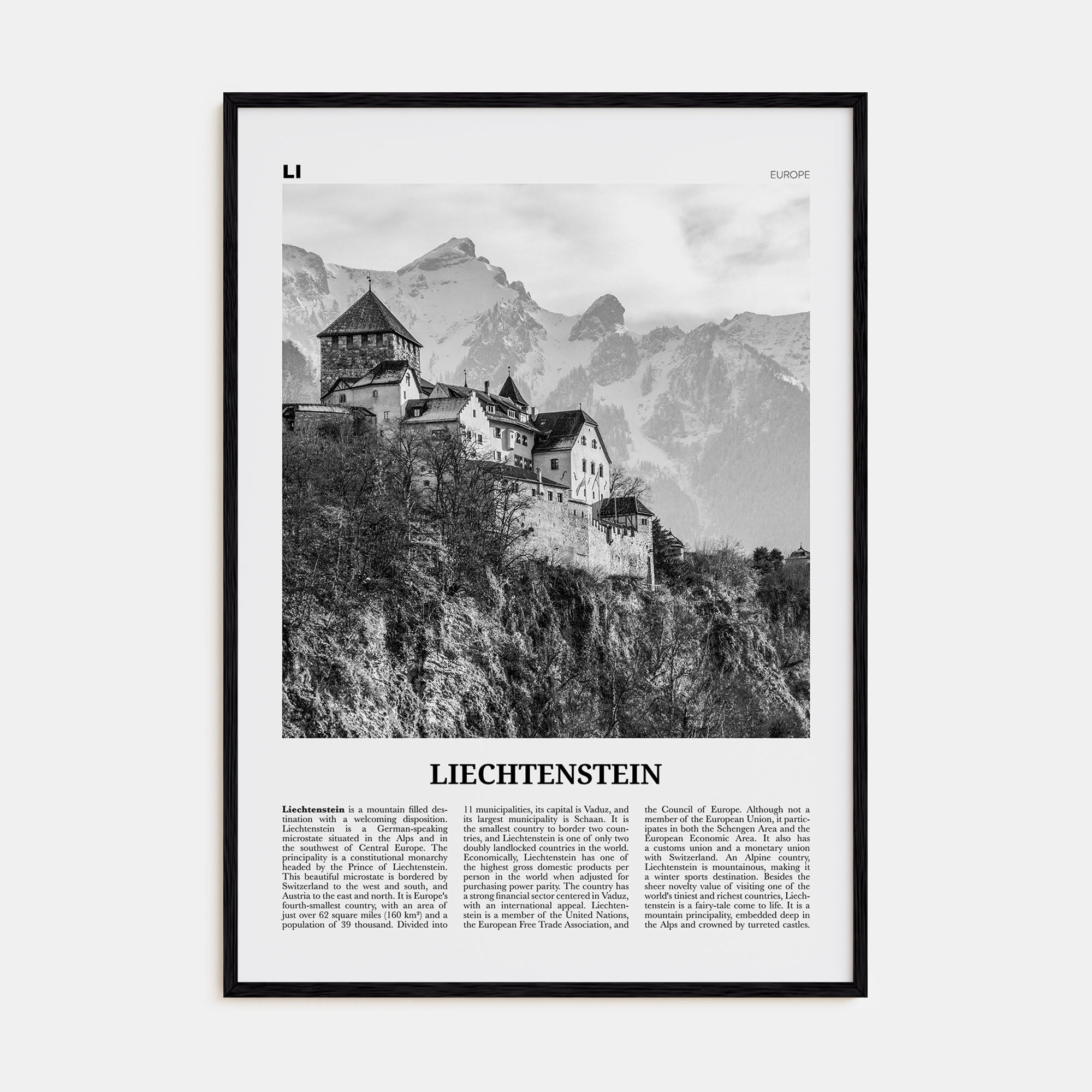 Liechtenstein Travel B&W Poster