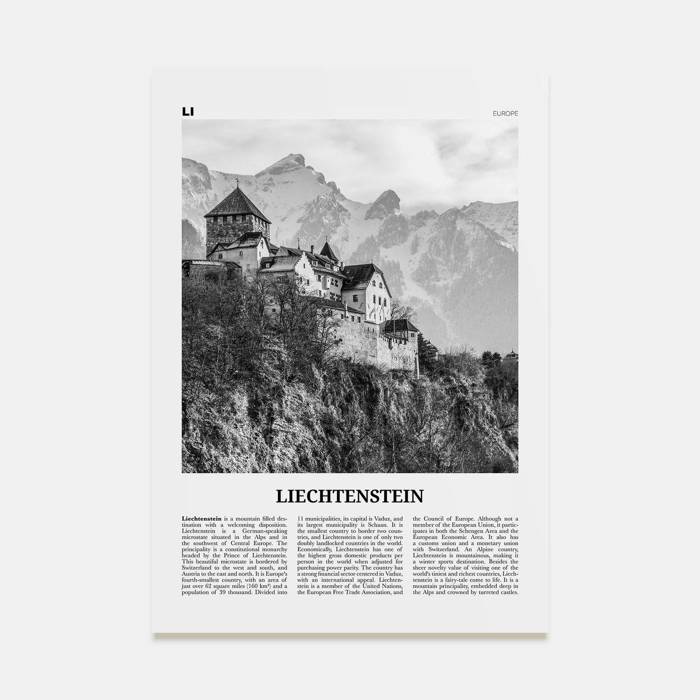 Liechtenstein Travel B&W Poster