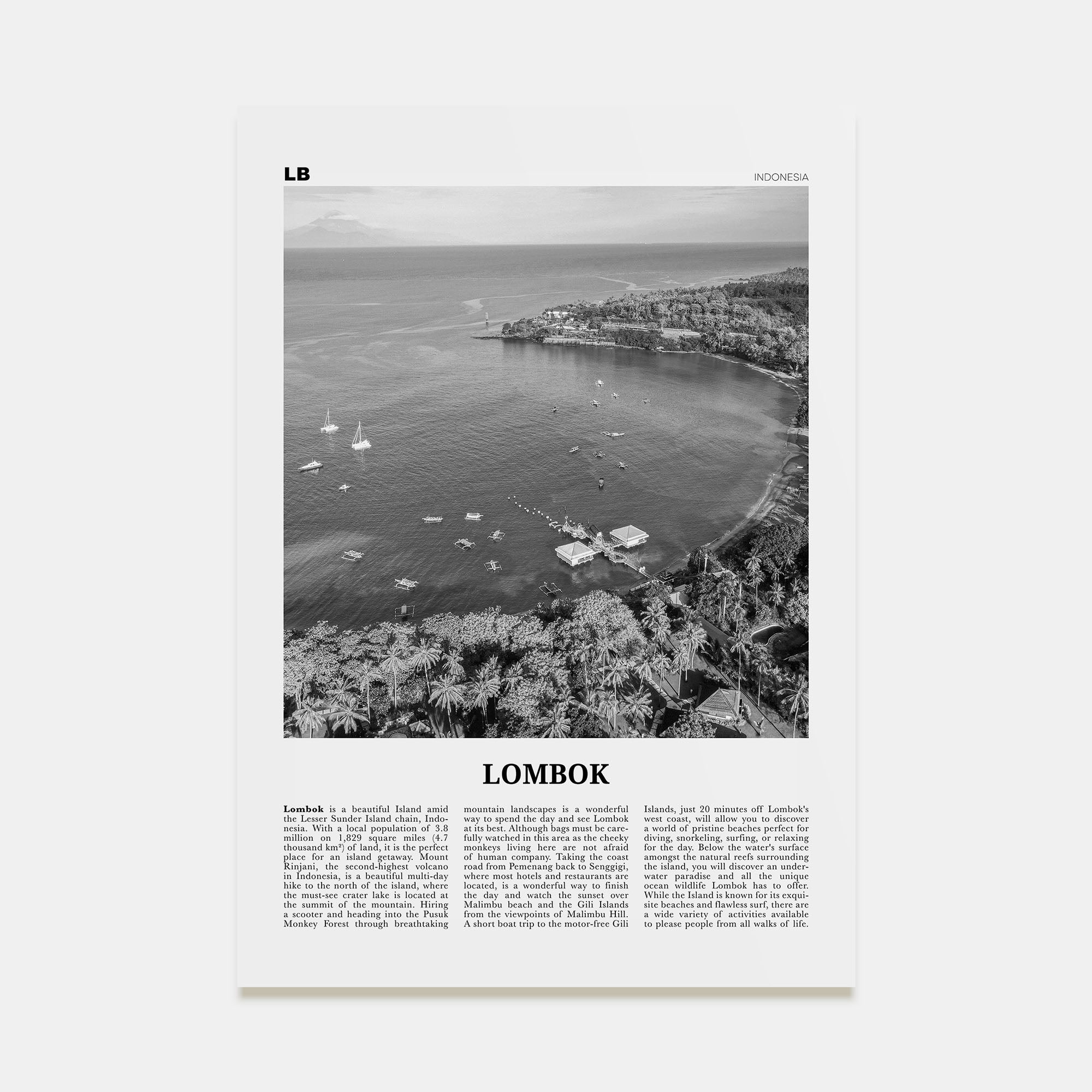 Lombok Travel B&W Poster