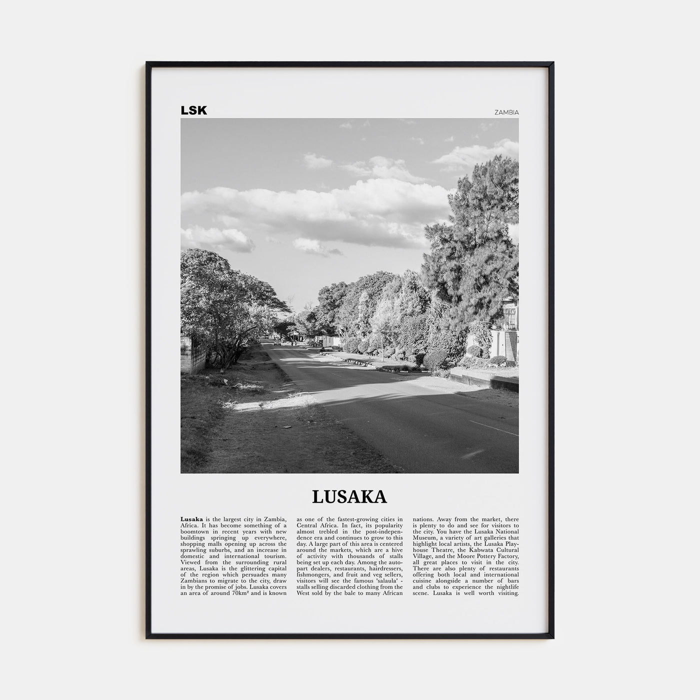 Lusaka Travel B&W Poster