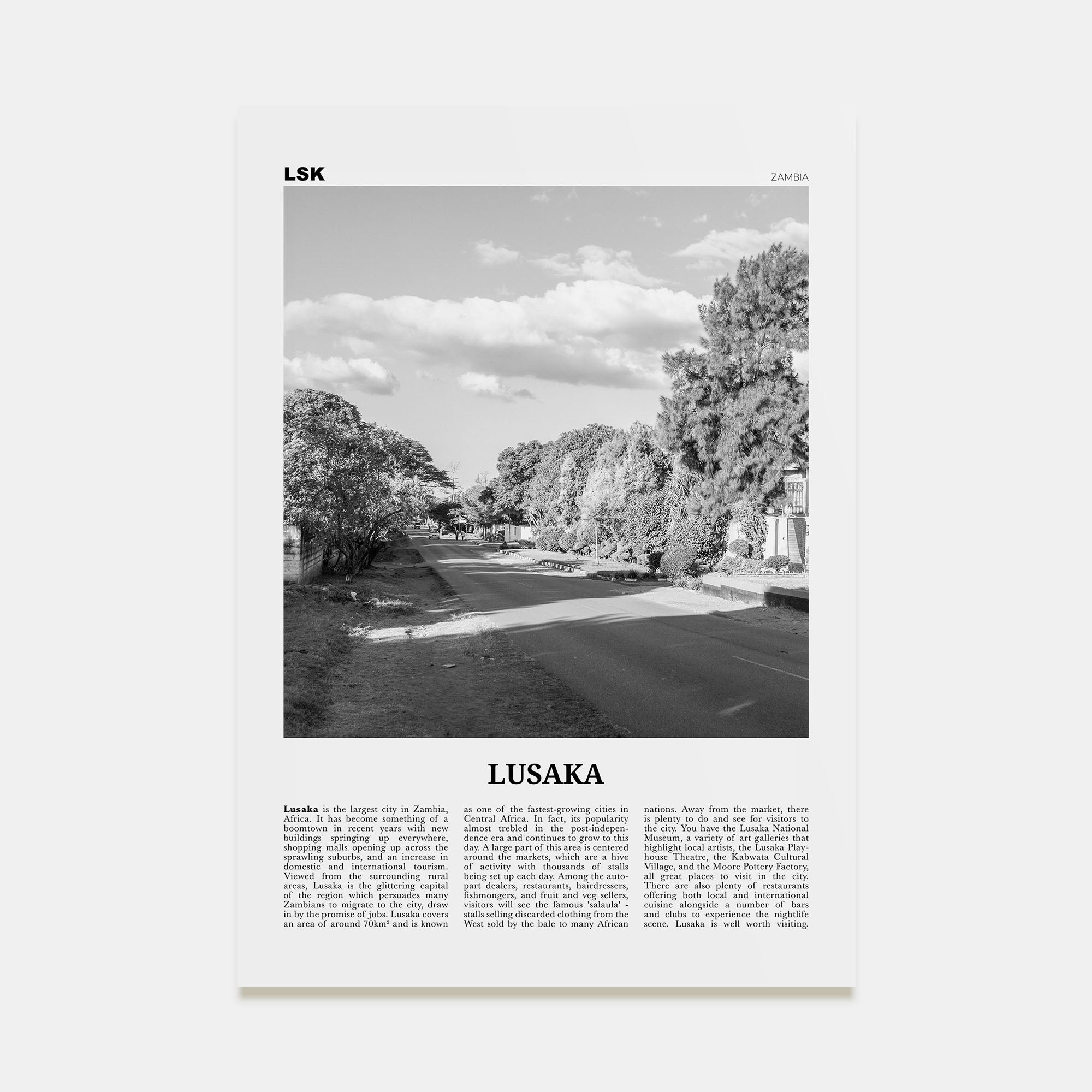 Lusaka Travel B&W Poster