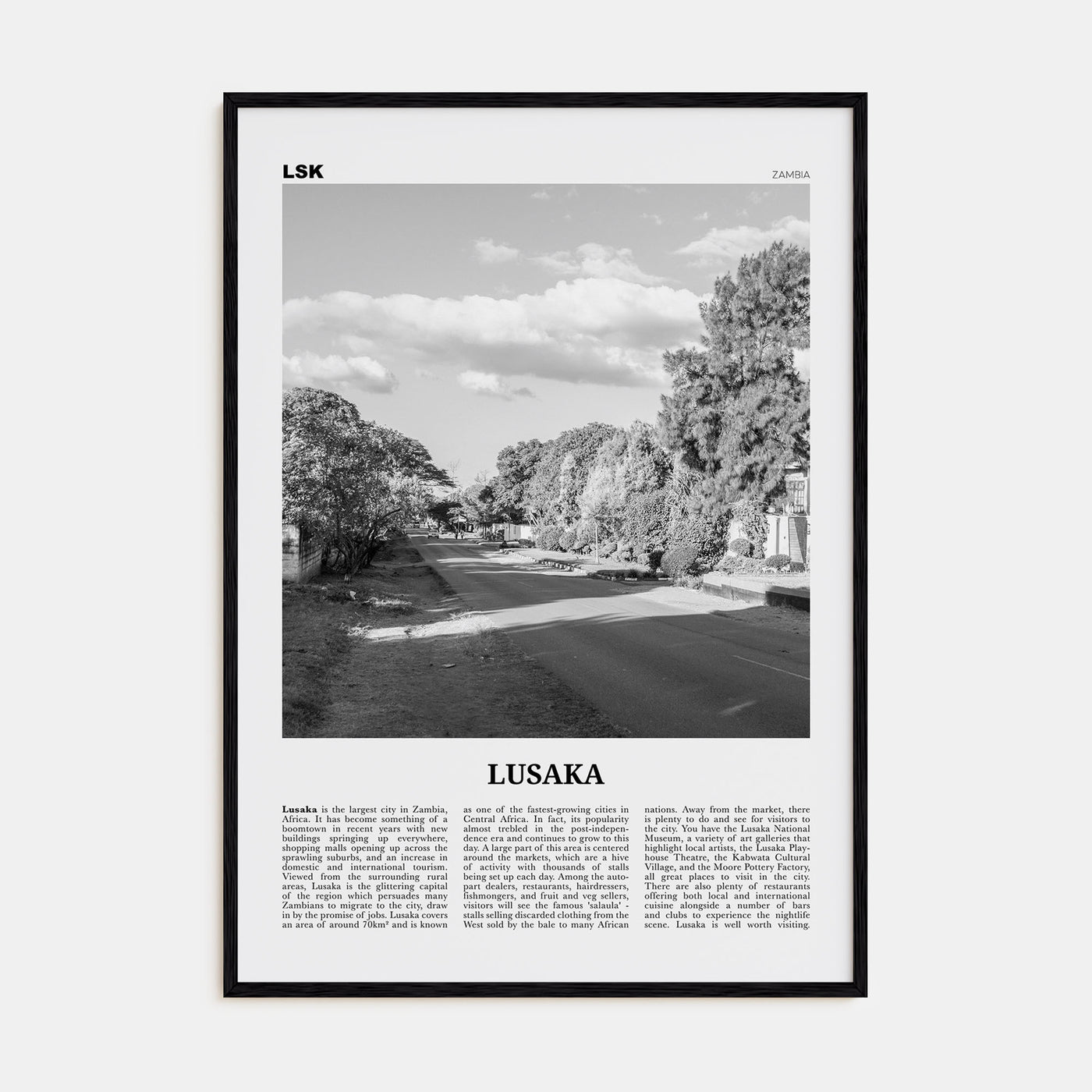 Lusaka Travel B&W Poster