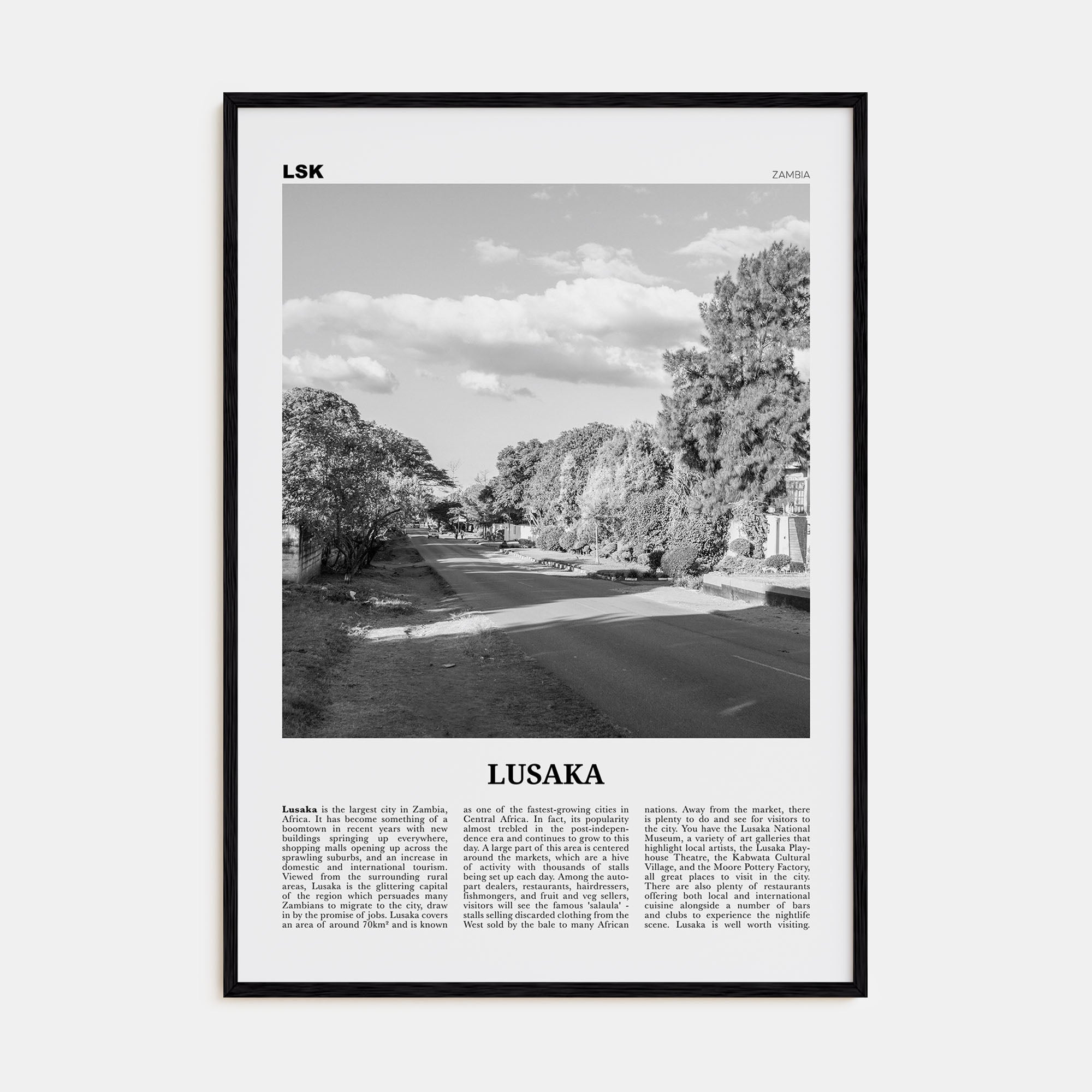 Lusaka Travel B&W Poster