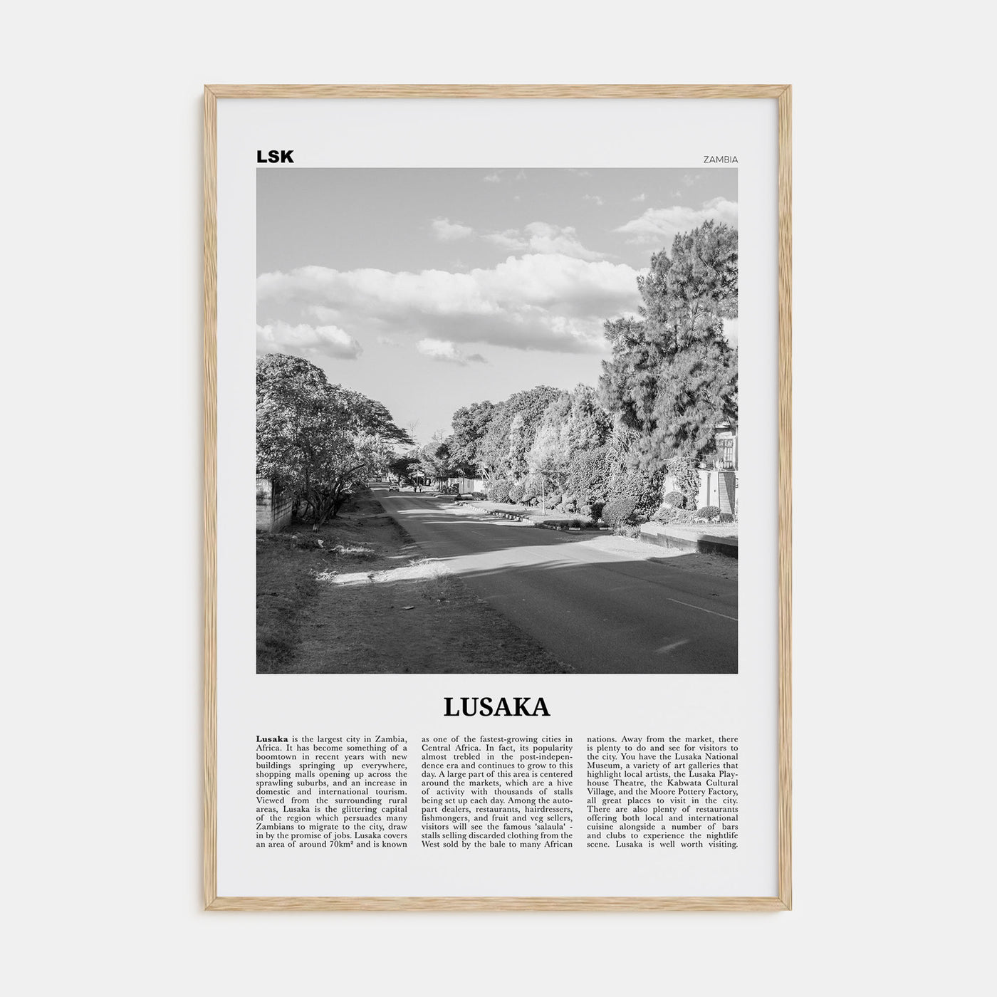 Lusaka Travel B&W Poster