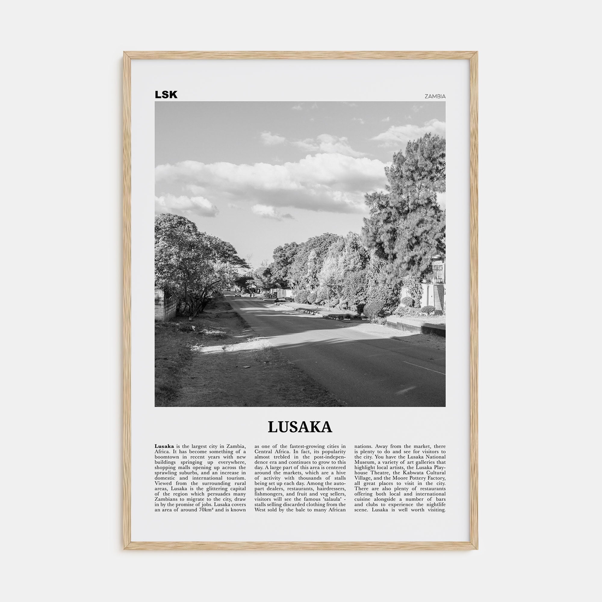 Lusaka Travel B&W Poster