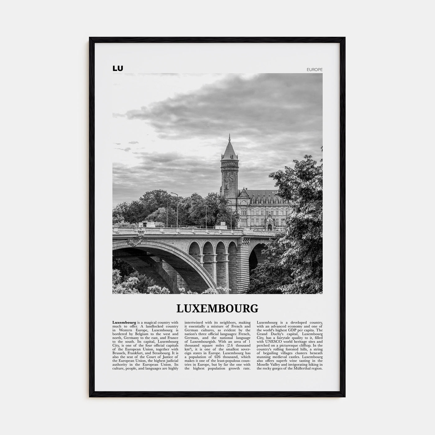 Luxembourg Travel B&W No 1 Poster