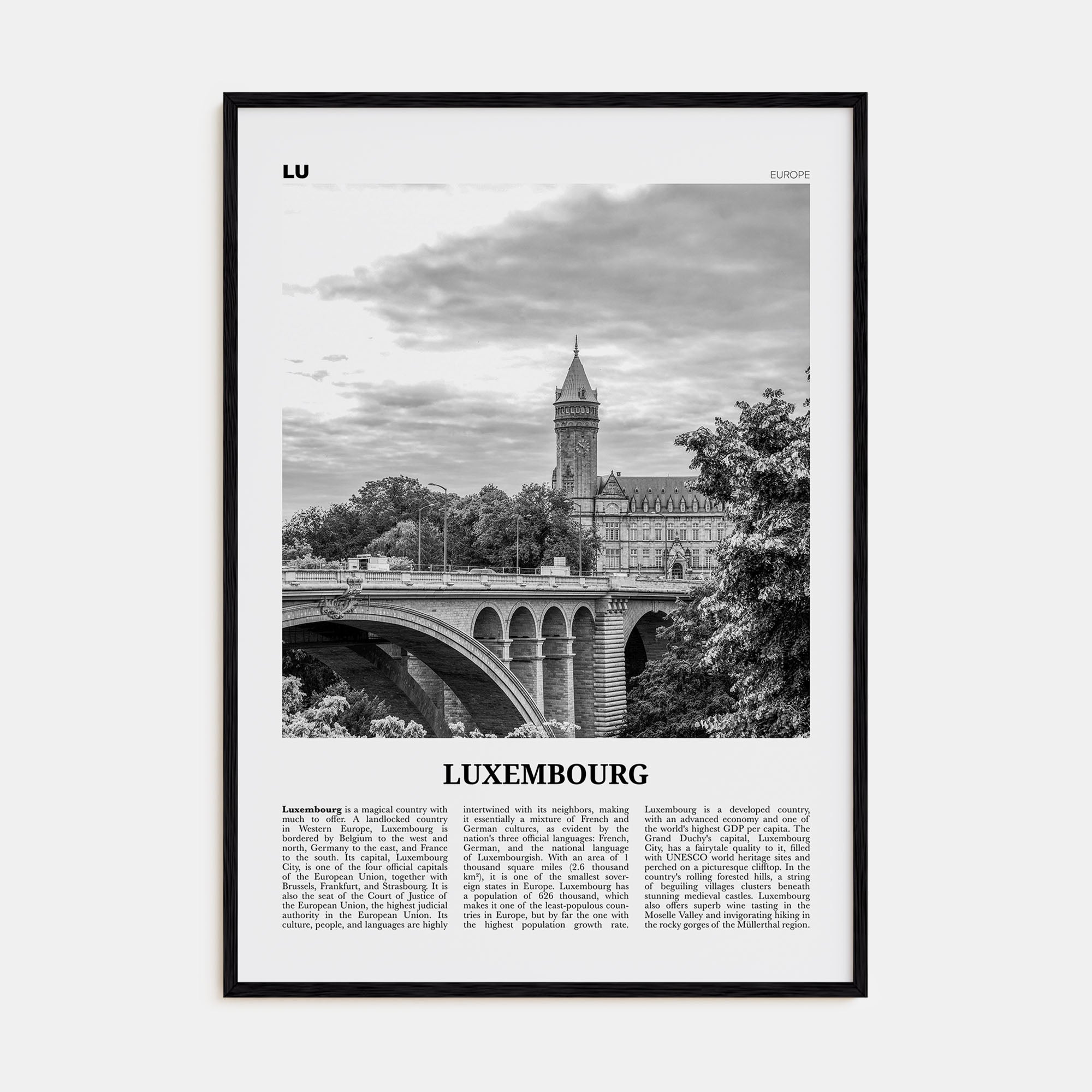 Luxembourg Travel B&W No 1 Poster
