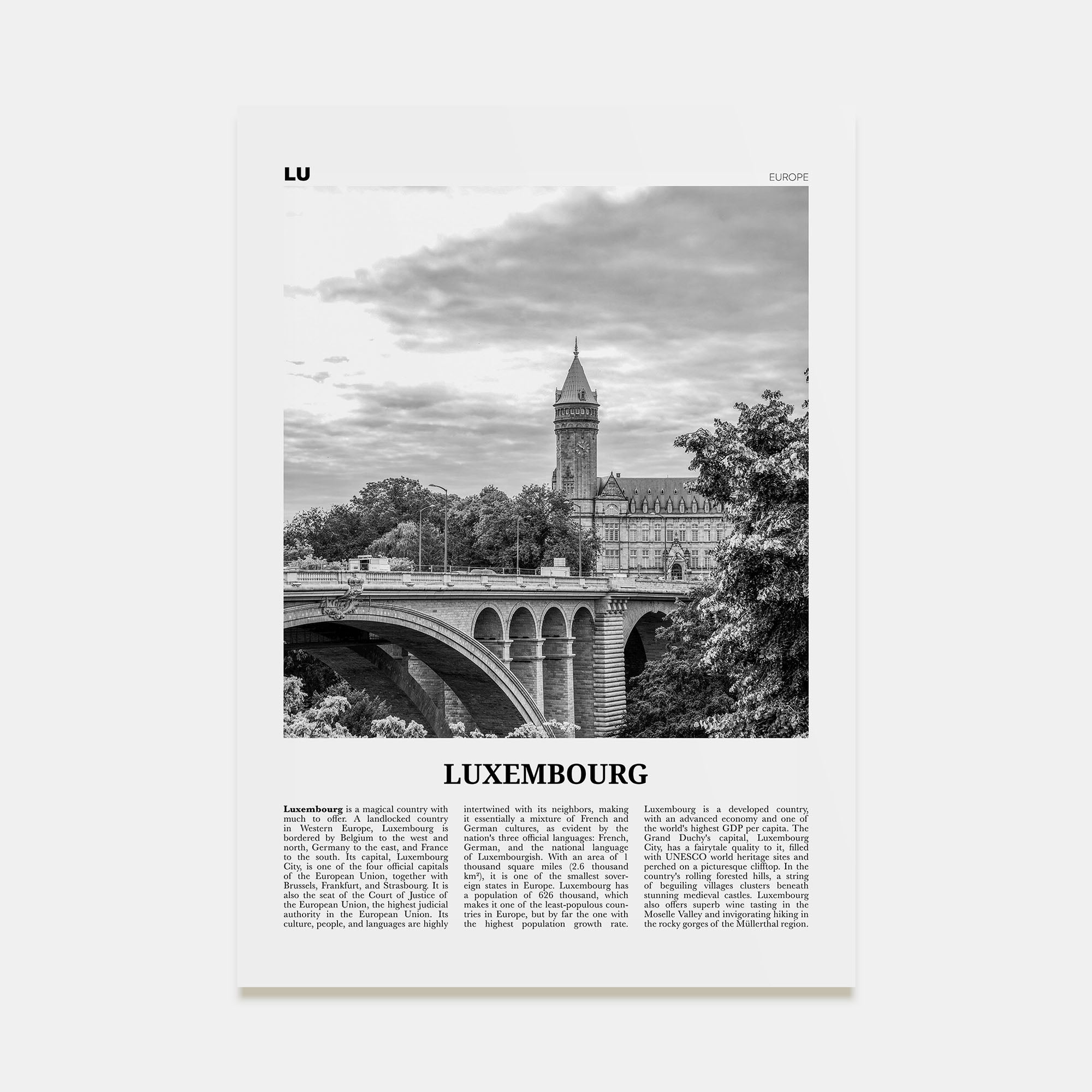 Luxembourg Travel B&W No 1 Poster