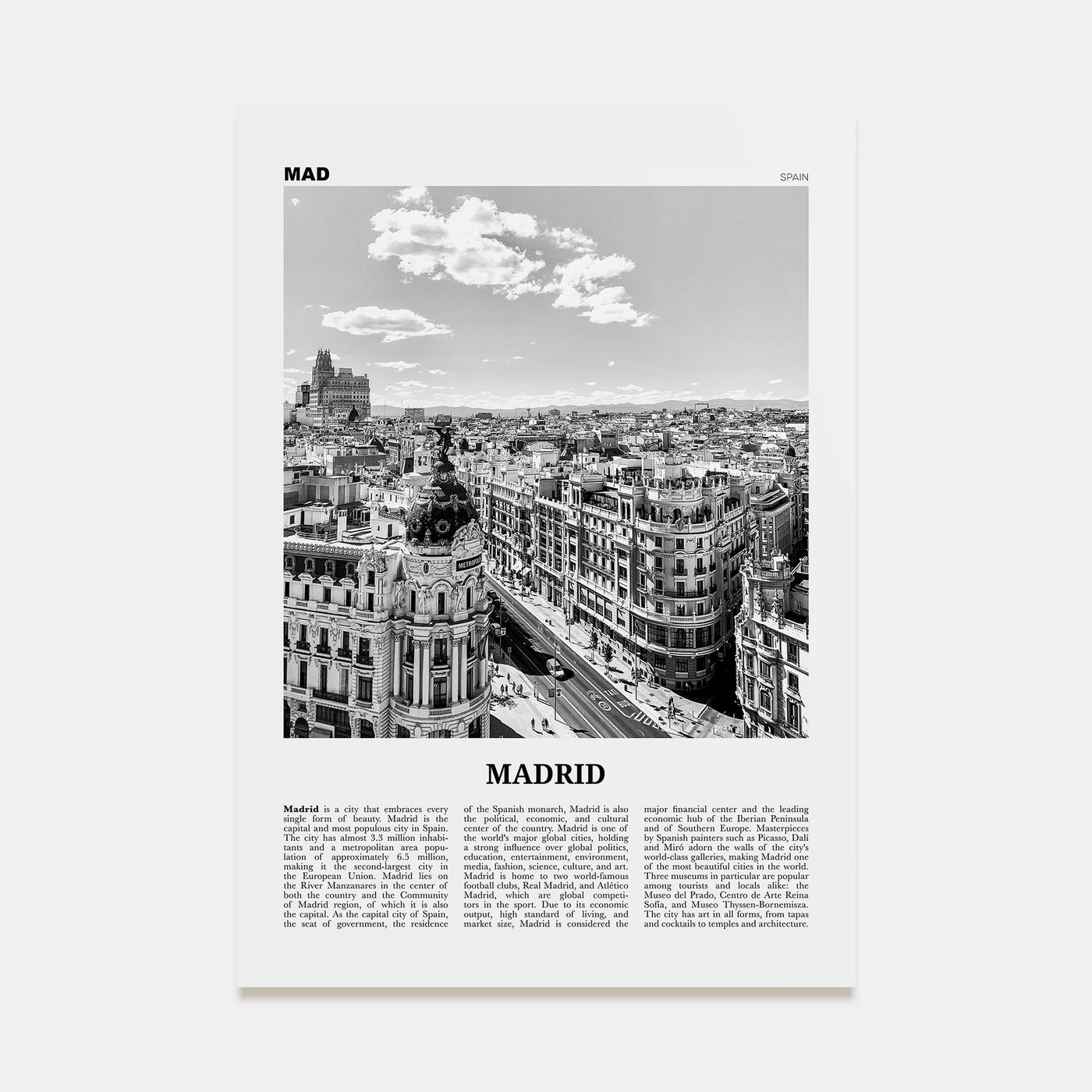 Madrid Travel B&W No 1 Poster