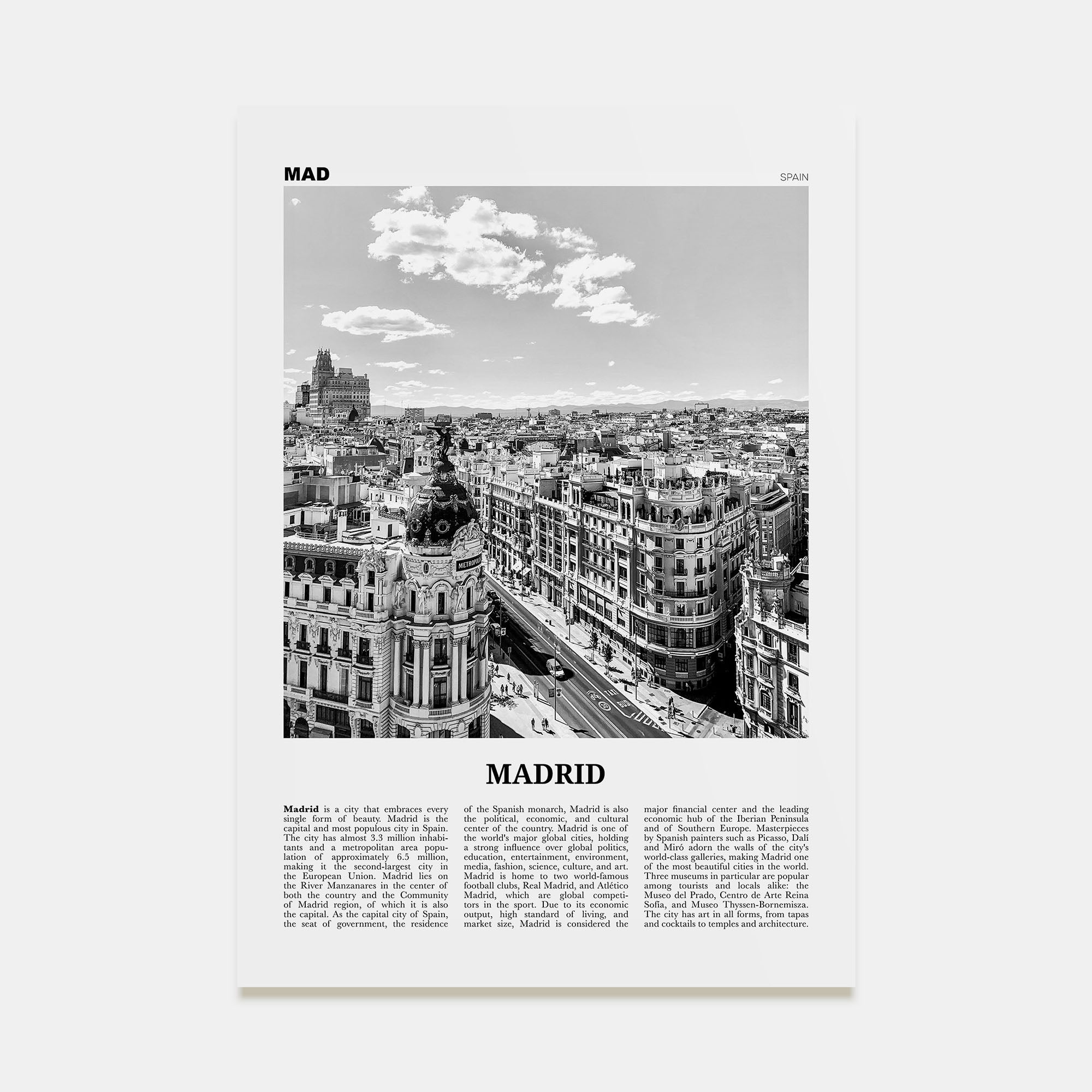 Madrid Travel B&W No 1 Poster