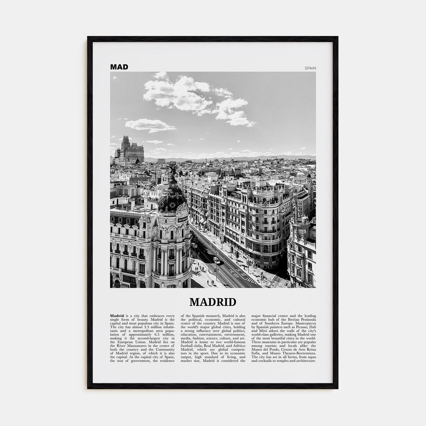 Madrid Travel B&W No 1 Poster