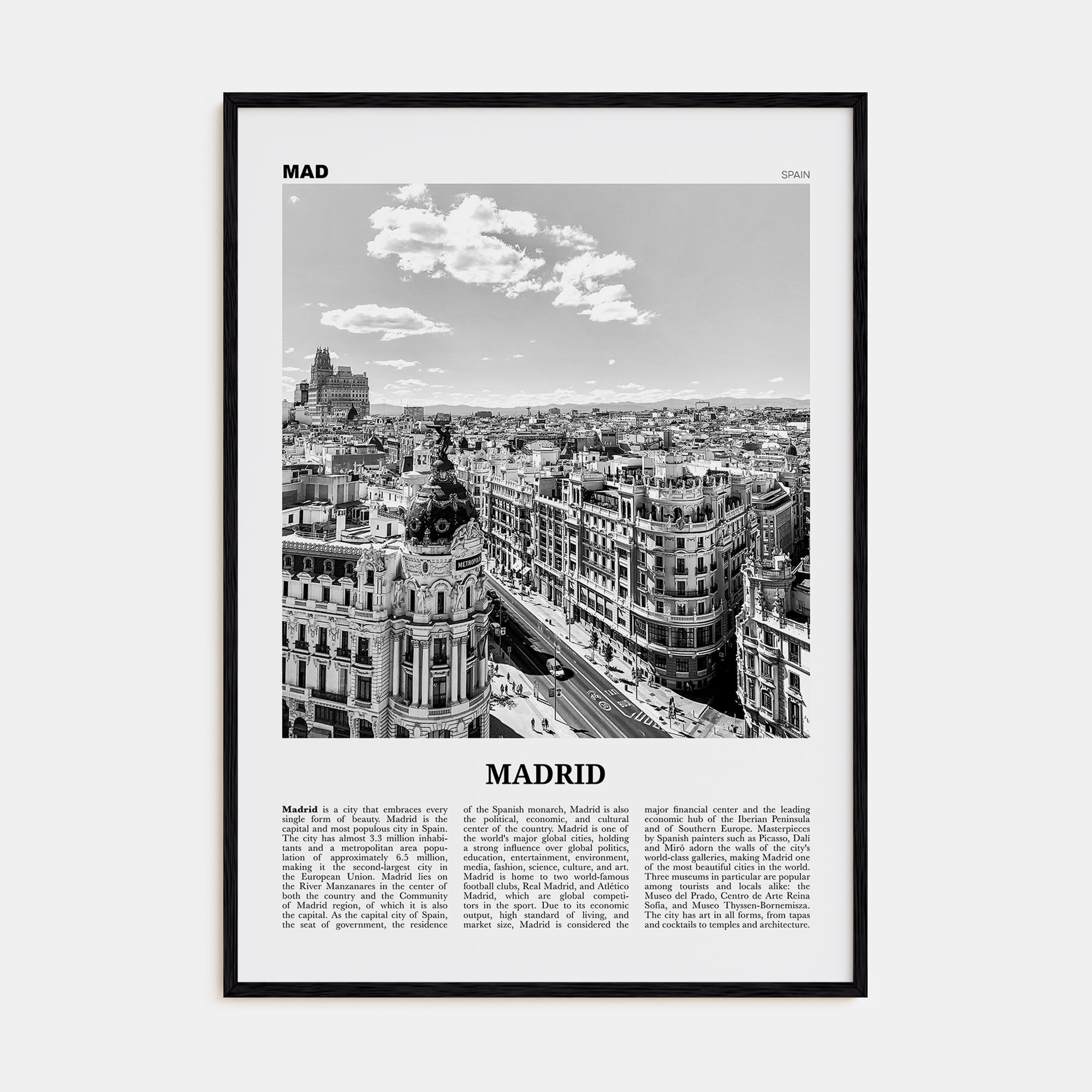 Madrid Travel B&W No 1 Poster
