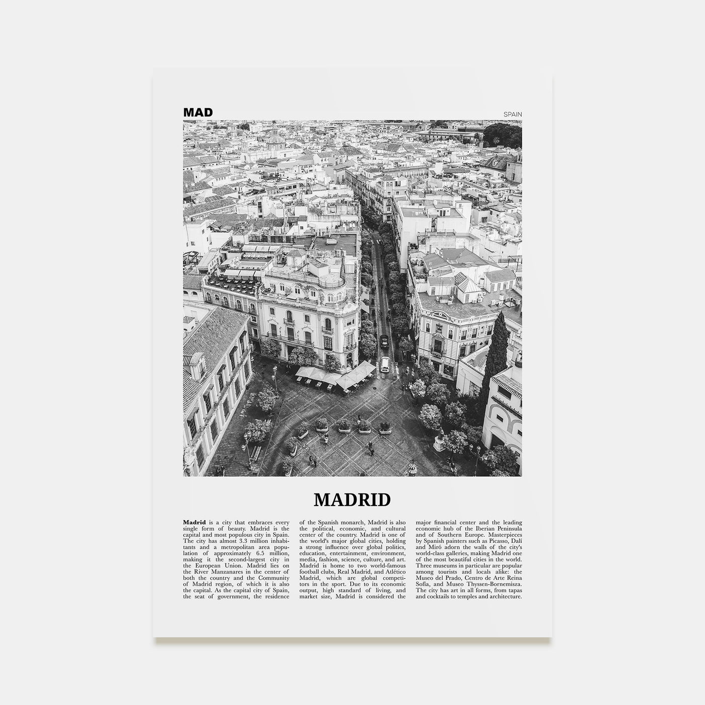 Madrid Travel B&W No 2 Poster