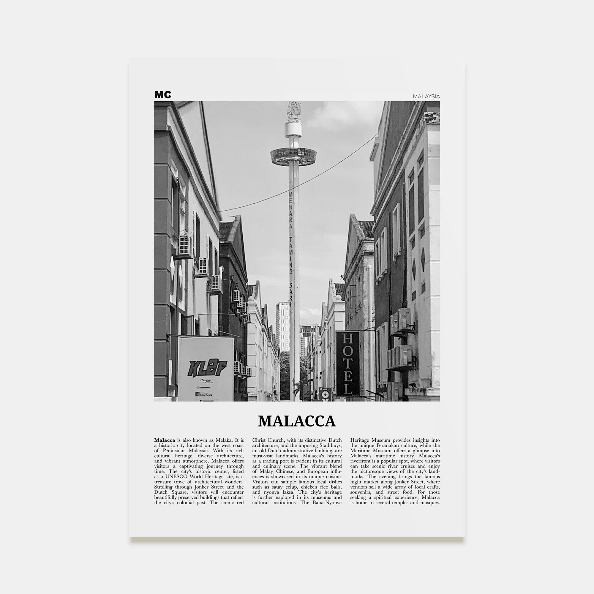 Malacca Travel B&W Poster
