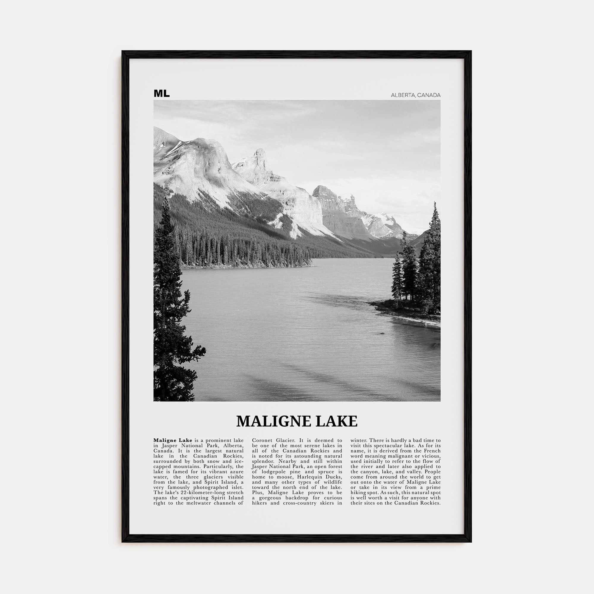 Maligne Lake Travel B&W Poster