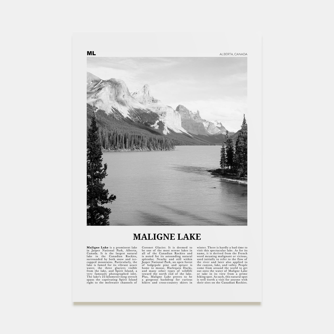 Maligne Lake Travel B&W Poster