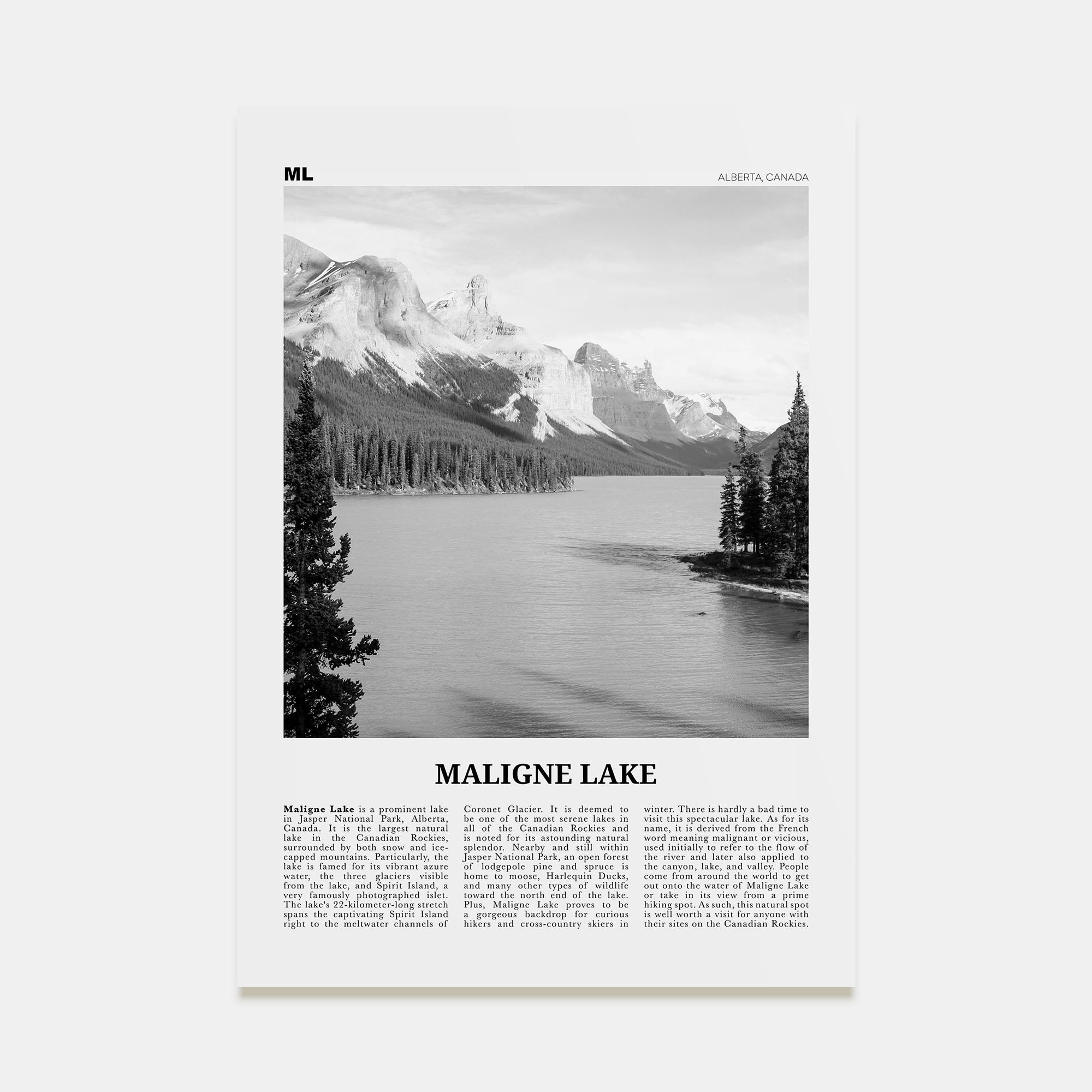 Maligne Lake Travel B&W Poster
