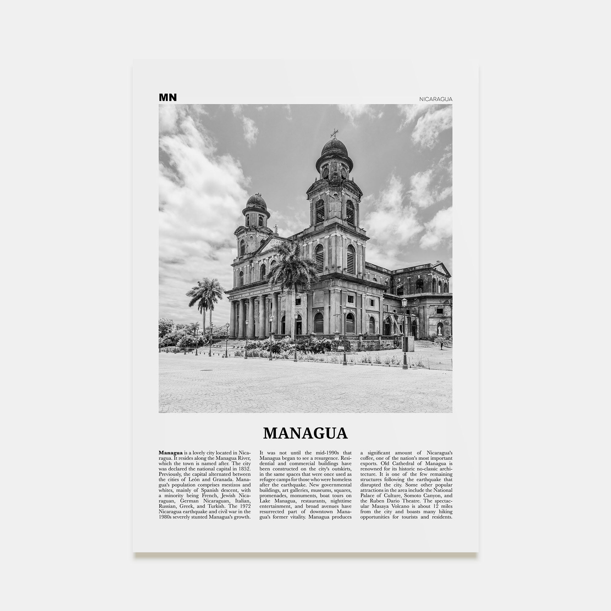 Managua Travel B&W Poster