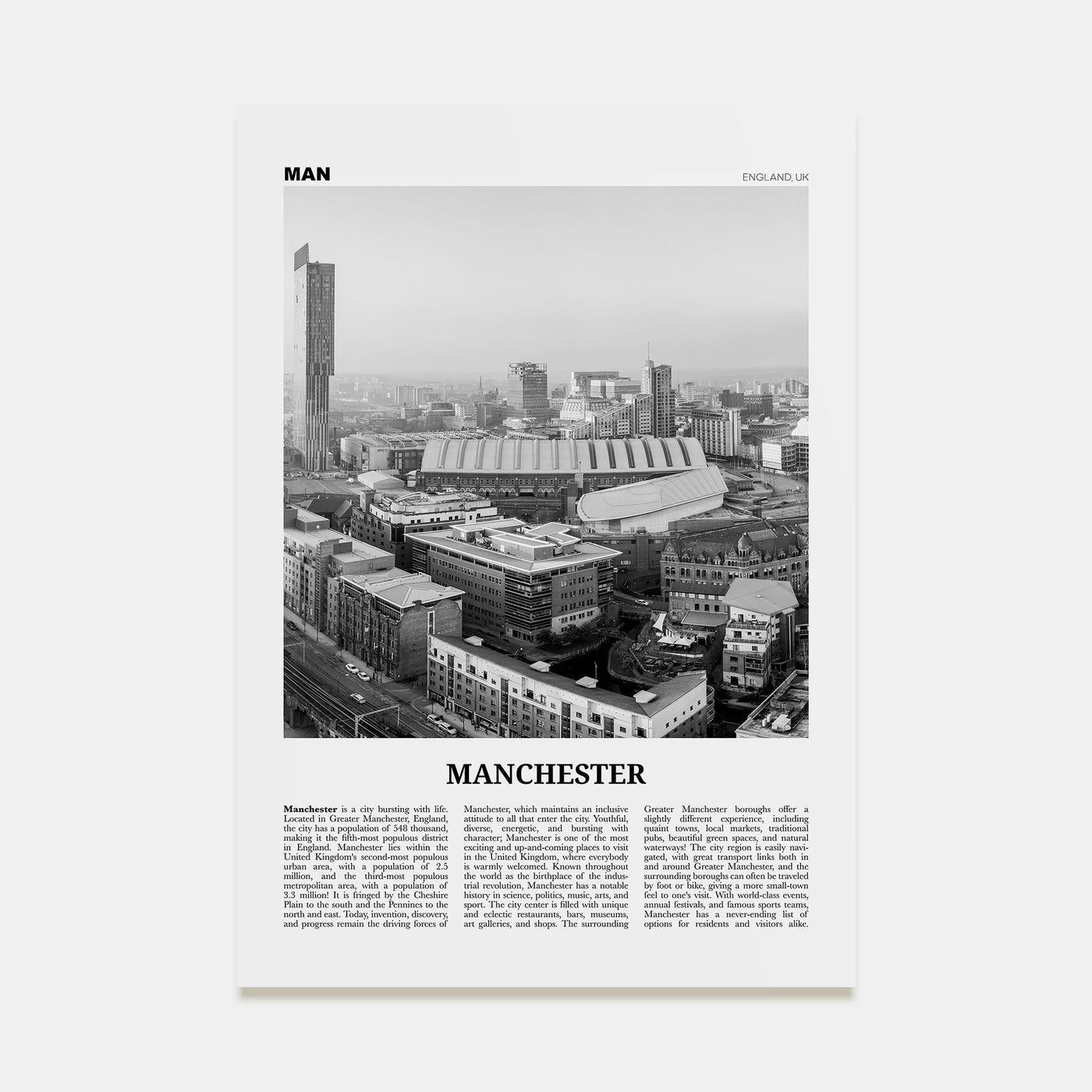 Manchester, England Travel B&W No 2 Poster