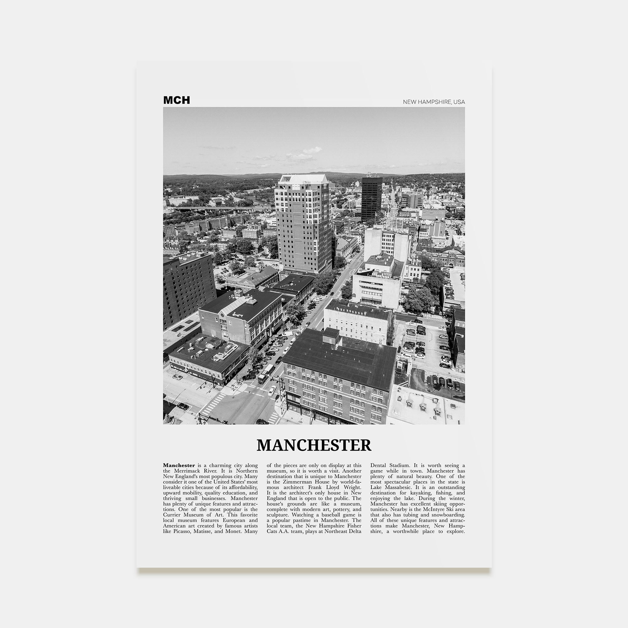 Manchester, New Hampshire Travel B&W Poster