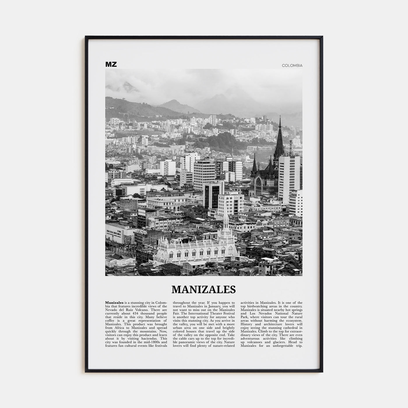 Manizales Travel B&W Poster