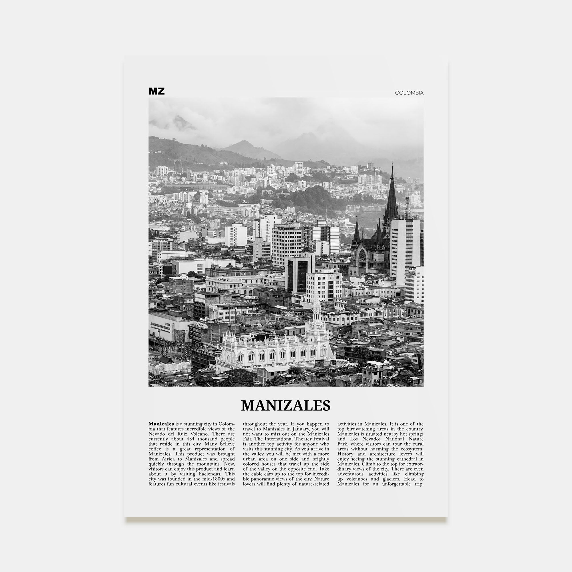 Manizales Travel B&W Poster