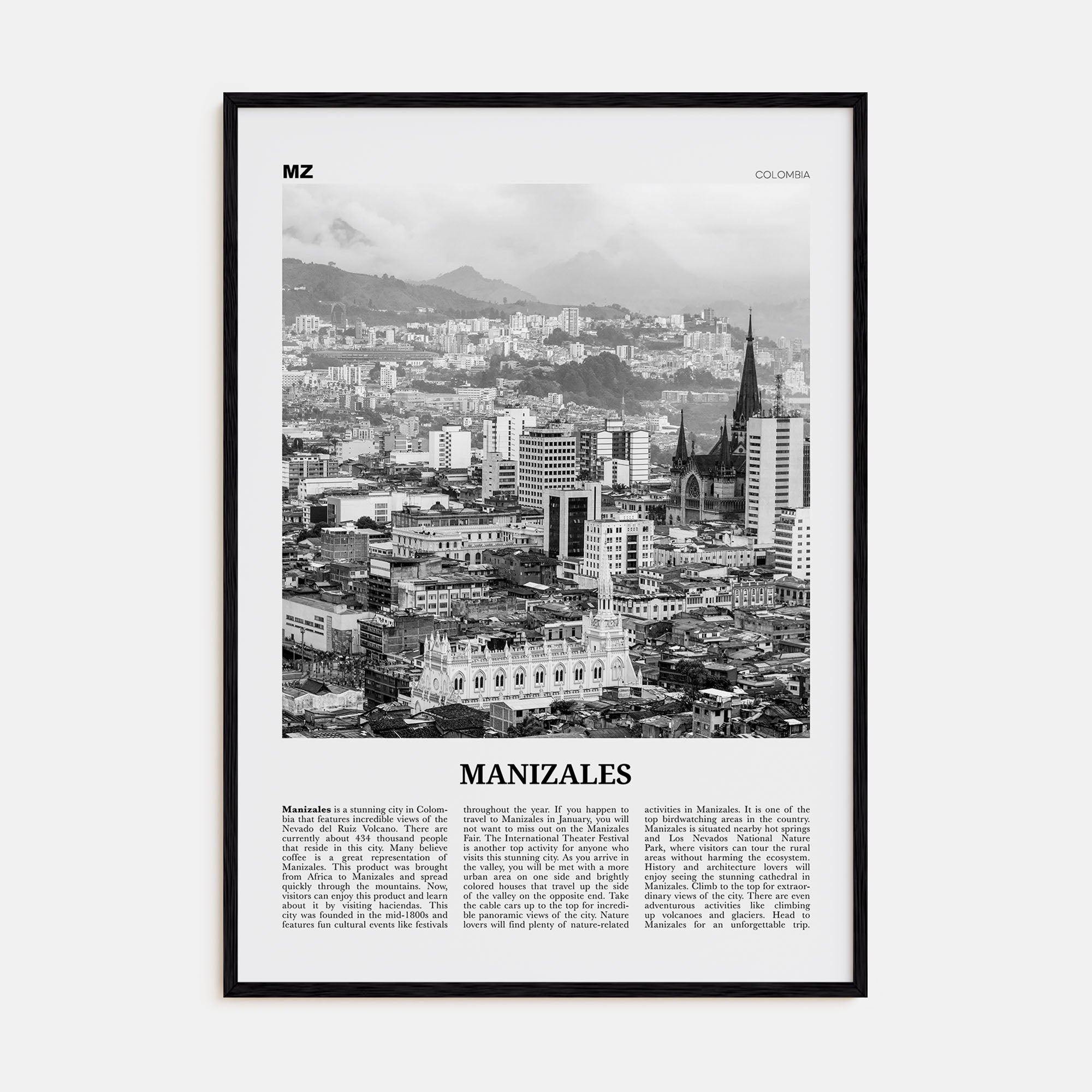 Manizales Travel B&W Poster